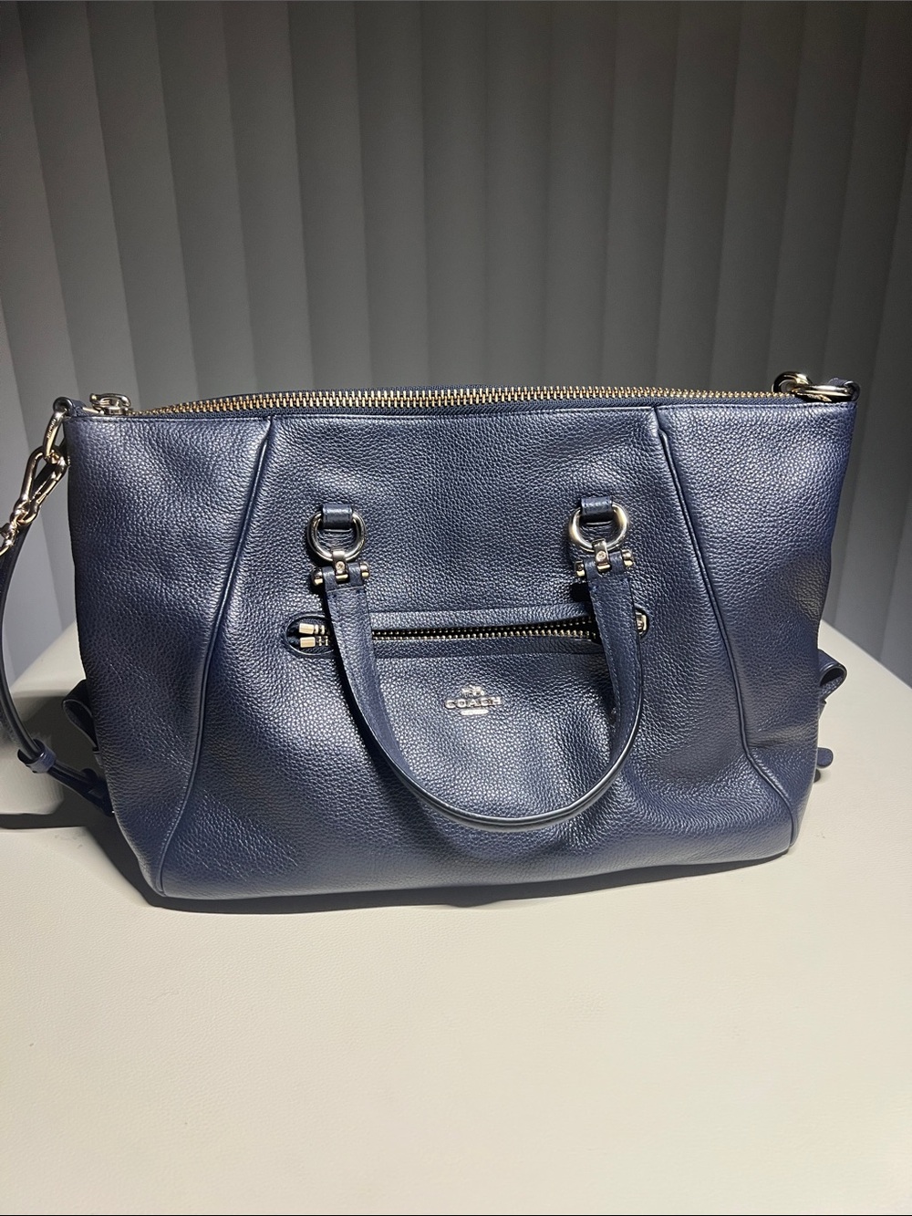 Coach Blue Pebbled Leather Shoulder Satchel with Silver Hardware